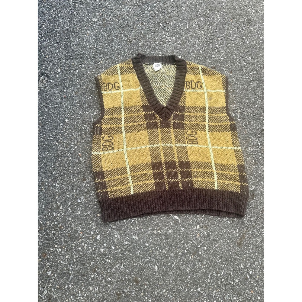 BDG Urban Outfitters Plaid Logo Sweater Vest Brown Yellow V-Neck Knit Sleeveless